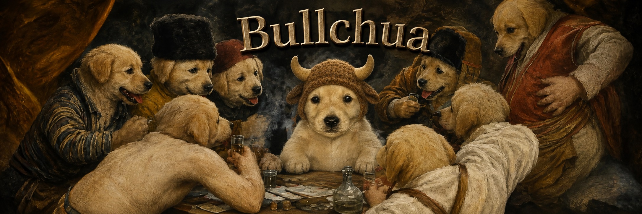 Bullchua at the center of a renaissance salon of golden retriever puppies